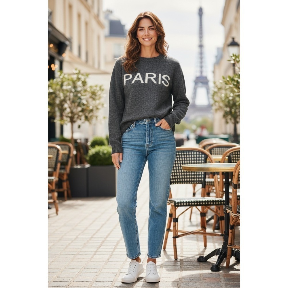 Philosophy Women's 100% Cashmere "Paris" Graphic Sweater Gray SZ M Retail $228